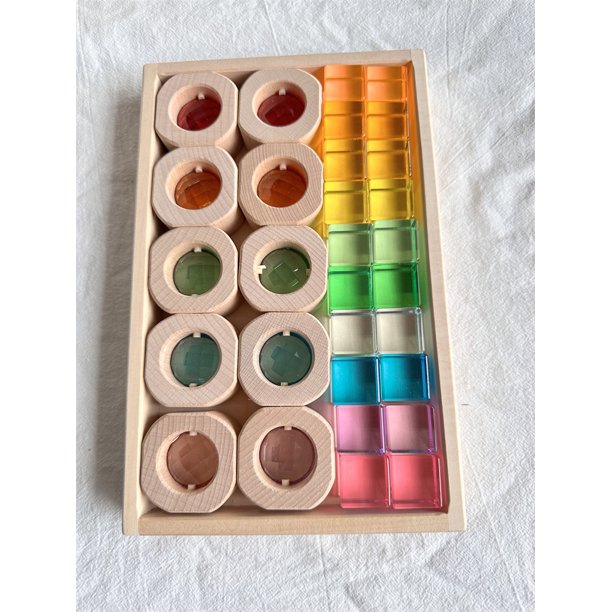Juguetes de madera Montessori para niños, bloques transparentes, gemas acrílicas mixtas, juego abierto