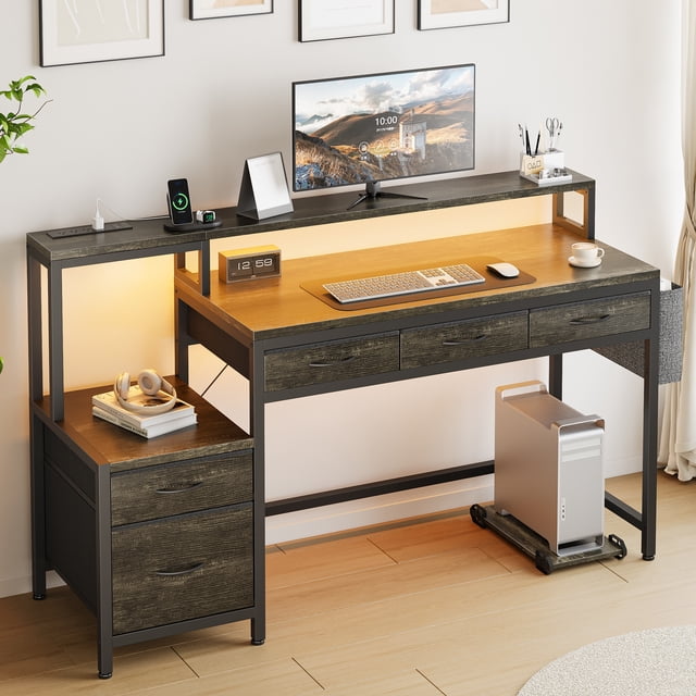 GUNAITO 60 Inch Gaming Desk with 5 Fabric Drawers and Storage Shelves, Computer Desk with LED Lights and Charging Station, Gray