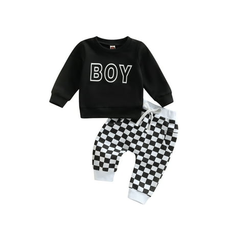 

Canis Fashionable Infant Boy Outfit O-Neck Tops with Letter Print + Checkerboard Pants