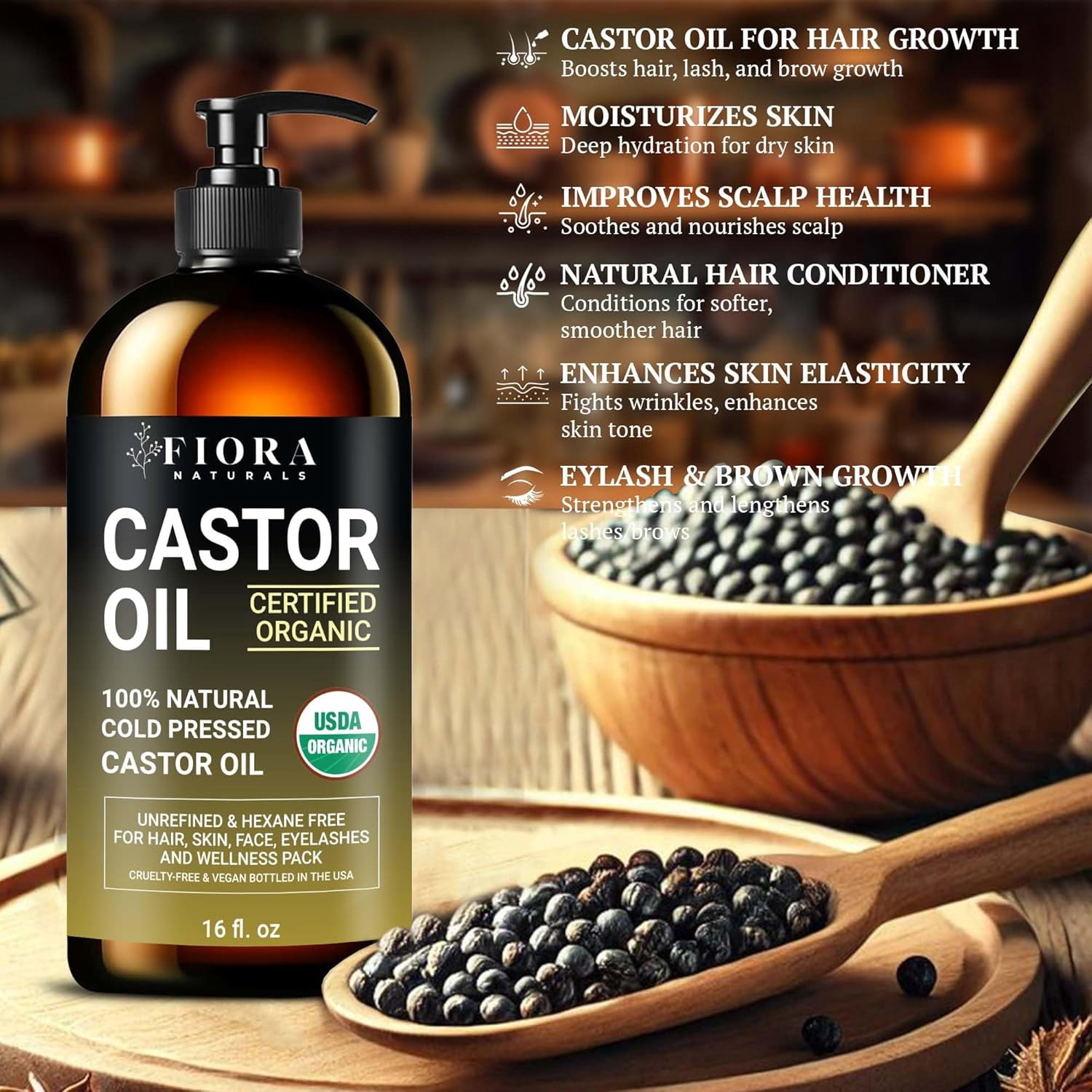 Castor Oil Organic Cold Pressed Unrefined Glass Bottle - 16 oz