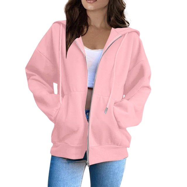 sudadera con capucha con cremallera de manga larga de color sólido de moda casual para mujer rosa / 2xl