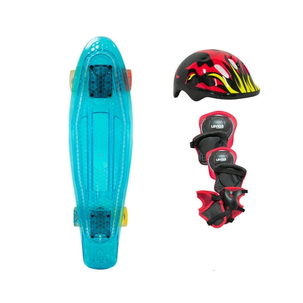 Patineta Skate Cruiser Mini Azul Llanta Led+Casco y Protecciones con Diseño Negro con Flamas