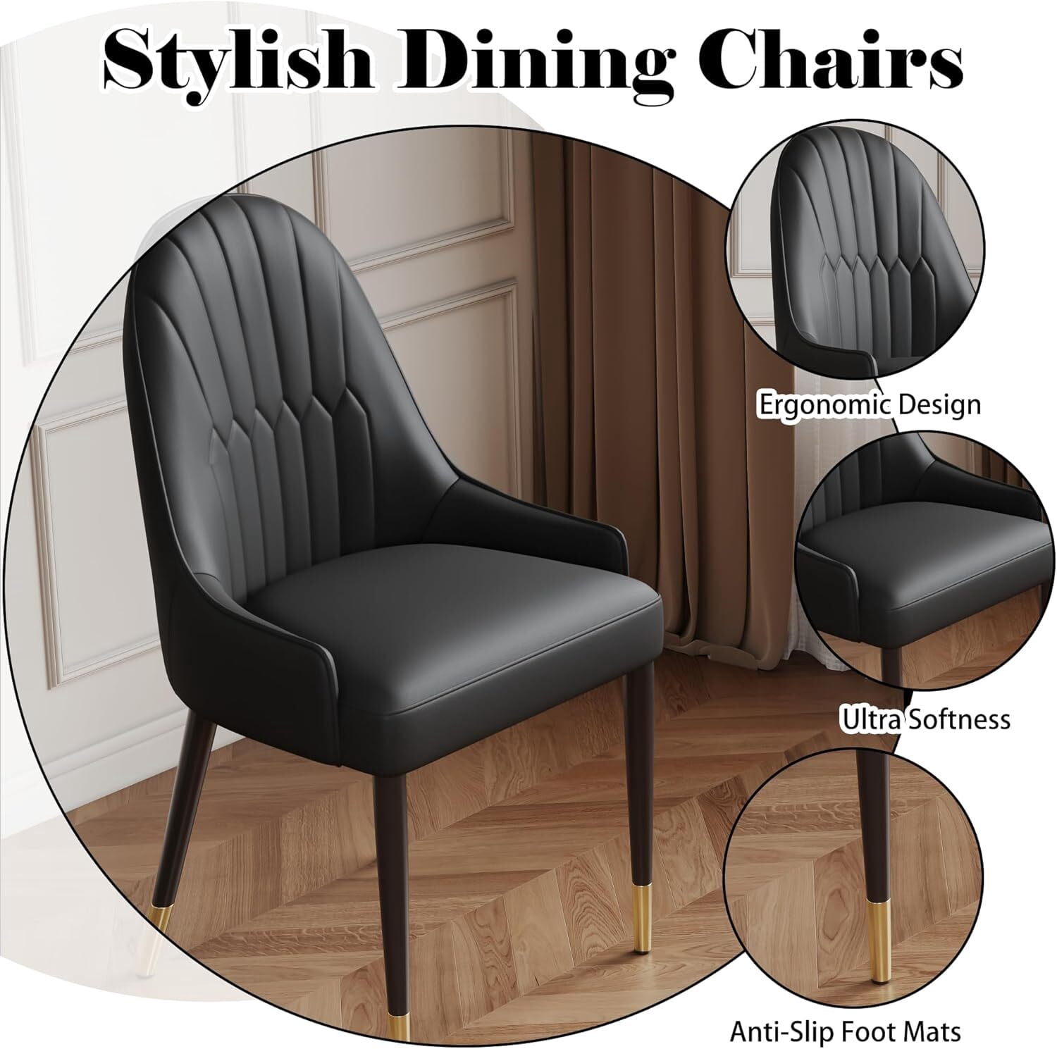 2-Piece Dining Chairs Set, Black PU Faux Leather Upholstery with Metal Frame, Modern Design for Kitchen, Living Room, Office