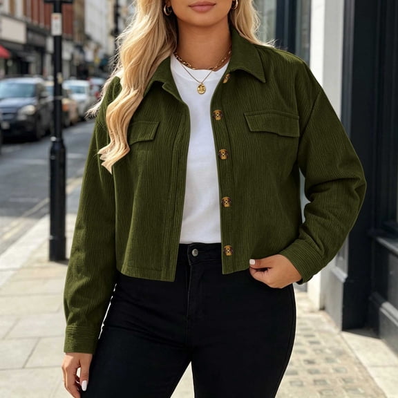 ClodeEU Women's Lapel Long Sleeve Button Down Cropped Corduroy Jacket,Casual Loose Coat Army Green,Women's Plus L