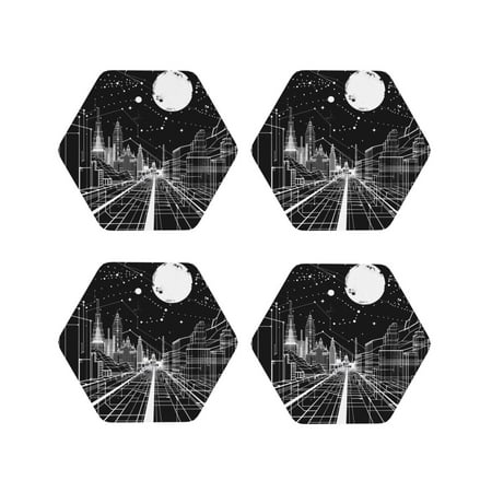 

Matuu Futuristic Moonlit Cityscape for Cup Coasters Set of 4 Leather Coasters Desk Coasters for Office Measures 4” x 4”-Hexagon