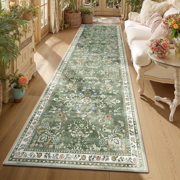 MJIAexp 3x5 Floral Boho Bedroom Rug Washable Vintage Boho Area Rug Non-Slip Accent Throw Rug Stain Resistant Floor Carpet for Kitchen Entryway Bathroom Living Room Office Green