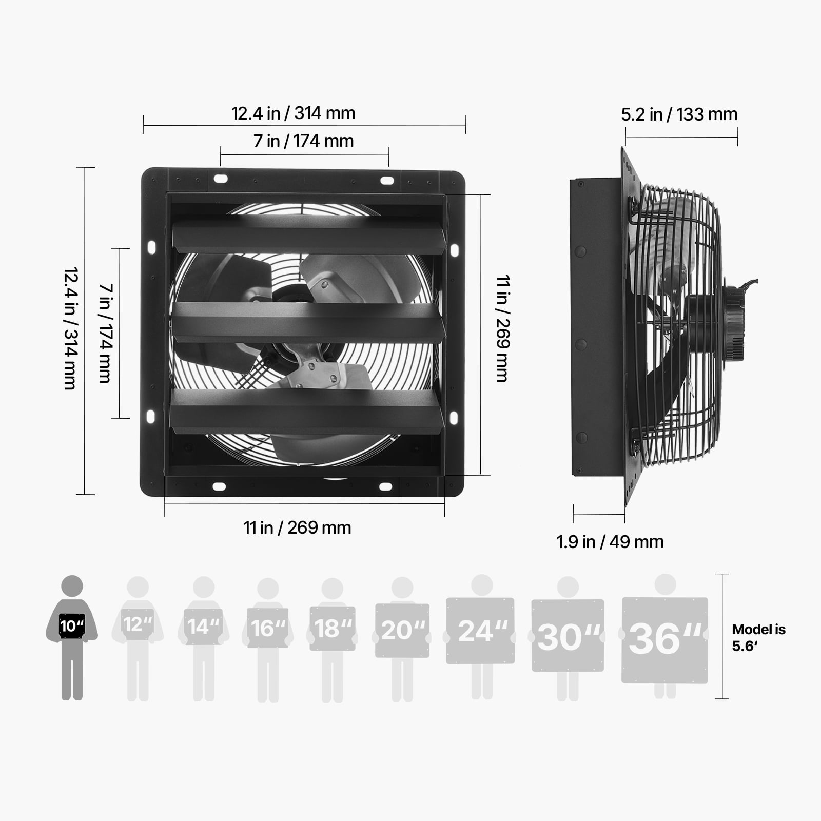 KFFKFF 10-Inch Wall-Mounted Shutter Exhaust Fan with Adjustable Speed, Temperature Control, 1000 CFM Airflow, EC Motor, Timer Function, Ideal for Ventilation in Sheds, Garages, and Greenhouses, Black