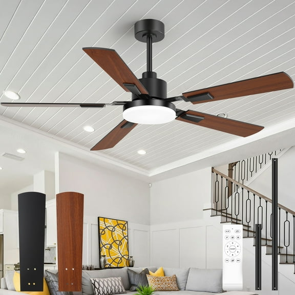 ALKAFY 52 inch Matte Black Ceiling Fan with LED Light - 5 Dual-Sided Plywood Blades, 6 Speeds, 3 Color Temps, Remote, Bedroom/Living/Kitchen/Dining