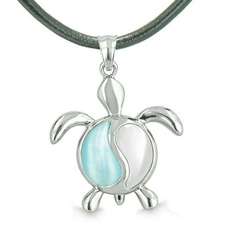 Rembrandt Cat Charm - Turtle Yin Yang Lucky Charm Aqua Blue and White Simulated Cats Eye Pendant Necklace