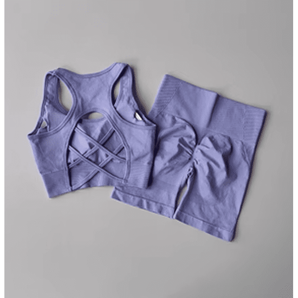 Conjunto de Fitness de cintura alta y levantamiento de cadera para mujer con parte de atrás bonita, sujetador deportivo, vestido de Yoga, entrenamiento ajustado y pantalones cortos deportivos