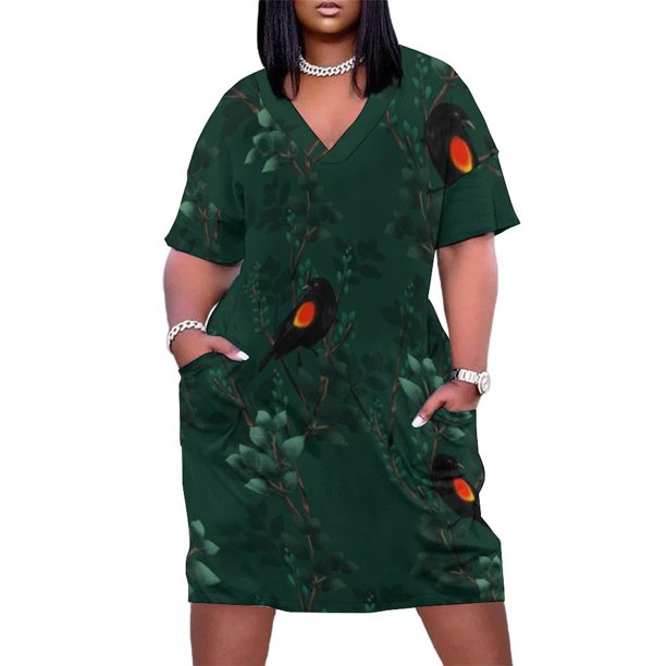 Vestido holgado con bolsillos y estampado de mirlo de alas rojas, ropa vintage para mujer