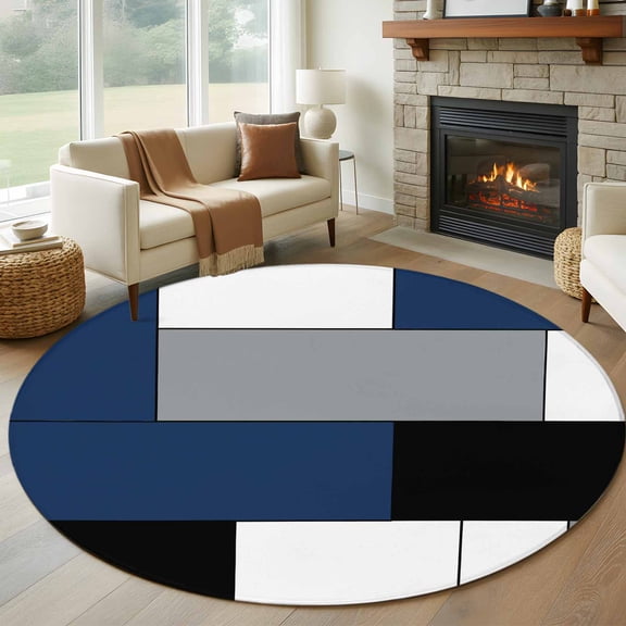 Navy Blue Black Grey Round Rug 5ft Washable Circle Kitchen Rugs Non Slip Modern Irregular Geometric Abstract Large Area Rug Indoor Floor Carpet for Bedroom Living Room Home Office Dining Room Nursery