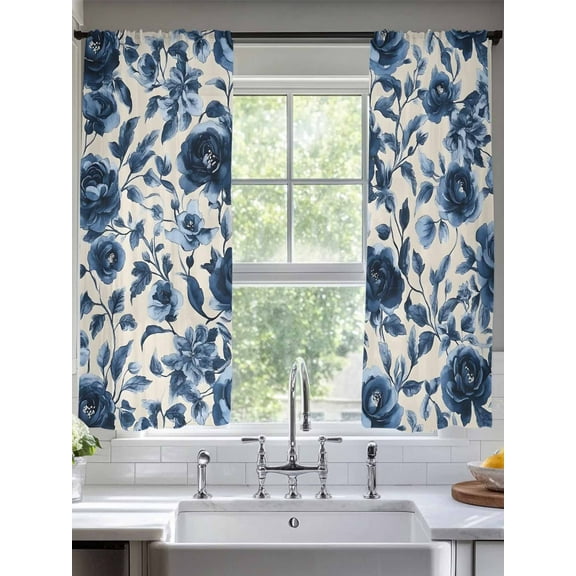 Navy Blue Botanical Peony Sheer Curtains for Living Room Bedroom Vintage Floral Blossom Sheer Curtains 63 Inch Long 2 Panels Set Light Filtering Curtain Window Treatments Drapes for Dining Room
