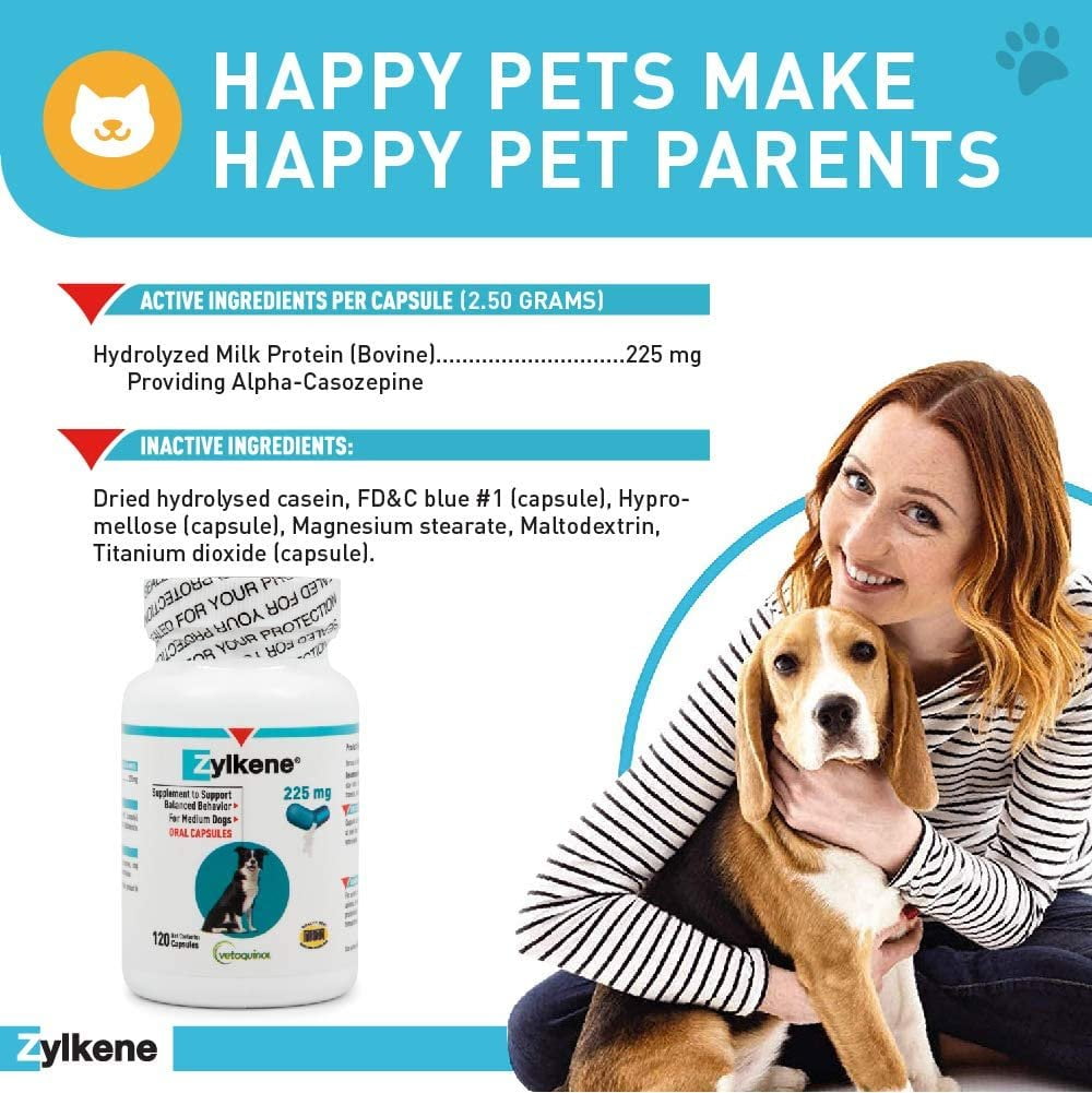 Vetoquinol Zylkene Calming Behavior Support Supplement, Helps Promote Relaxation and Reduce External Stress Factors, Daily Behavioral Support and Anxiety Relief, Dog or Cat, 22-65lbs, 225mg, 120ct