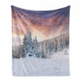 thumbnail image 1 of Winter Soft Flannel Fleece Blanket, Sunrise in Winter Landscape Snowy Fields Frozen Pine Trees Northern Hemisphere, Cozy Plush for Indoor and Outdoor Use, 50" x 70", Coral White Blue, by Ambesonne, 1 of 6