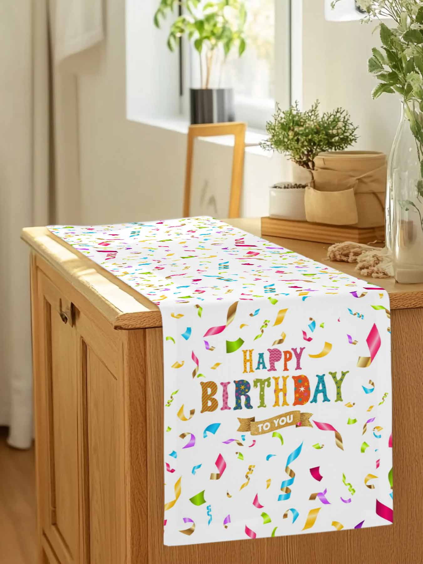 Happy Birthday to You Words Table Runner 90 Inches Long, Colorful Ribbon Table Runners Tabletop Scarf Kitchen Dining Tables Decoration for Home Party Indoor Outdoor