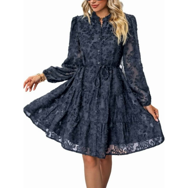 Robes d'Automne à Manches Longues pour Femmes, Taille Boutonnée avec Ceinture, Robe Trapèze Courte, Robe Décontractée d'Automne et d'Hiver, Bleu Marine, P