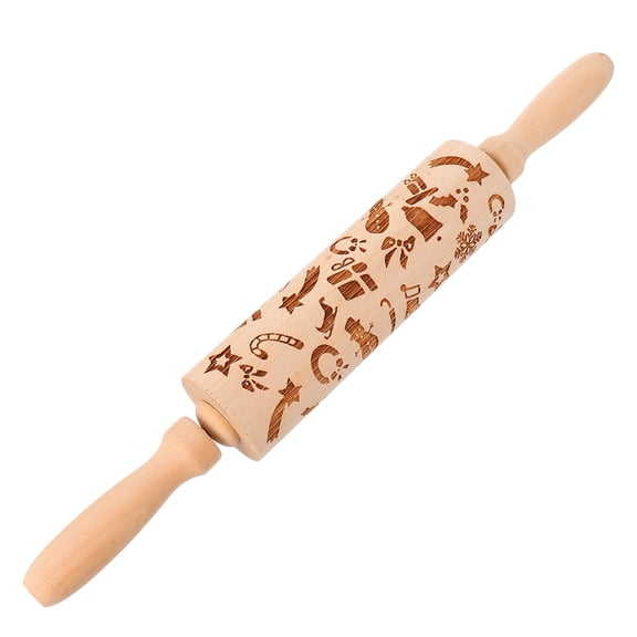 HOOWIFFY Khaki Boxwood Rolling Pin, Non-Stick Christmas Print, Kitchen Baking Tool 1Pc