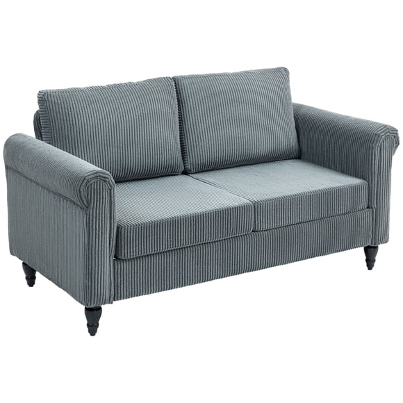 Vintage Grey Loveseat, Upholstered 2 Seater Fabric Sofa with Rolled Arms and Rubberwood Legs, Compact Corduroy Small Couch for Living Room, Bedroom, or Apartment, 57.9" W
