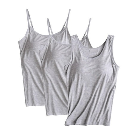 qolati 3 Pack Built-in Bra Tank Tops for Women Soft thin Adjustable Spaghetti Strap Camisole Undershirt Sleeveless Padded Active Strap Workout Shelf Bra Tank Top Summer Clearance Gray XL