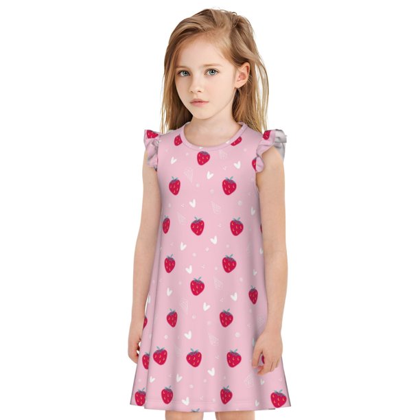 Fotbe Strawberry And Heart Vestido de Dormir para Niñas de 3 a 10 Años, Mangas Cortas, Estilo Princesa, Pijama Camisón con Mangas Voladas-Medium