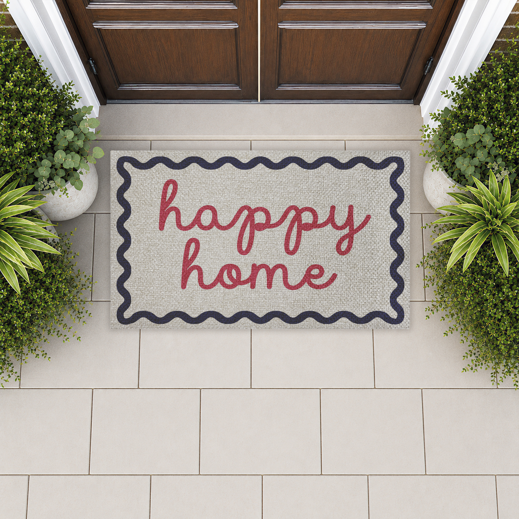 Stupell Industries Happy Words with Wavy Border Printed Outdoor Imitation Sisal Floor Mat, design by Lil' Rue