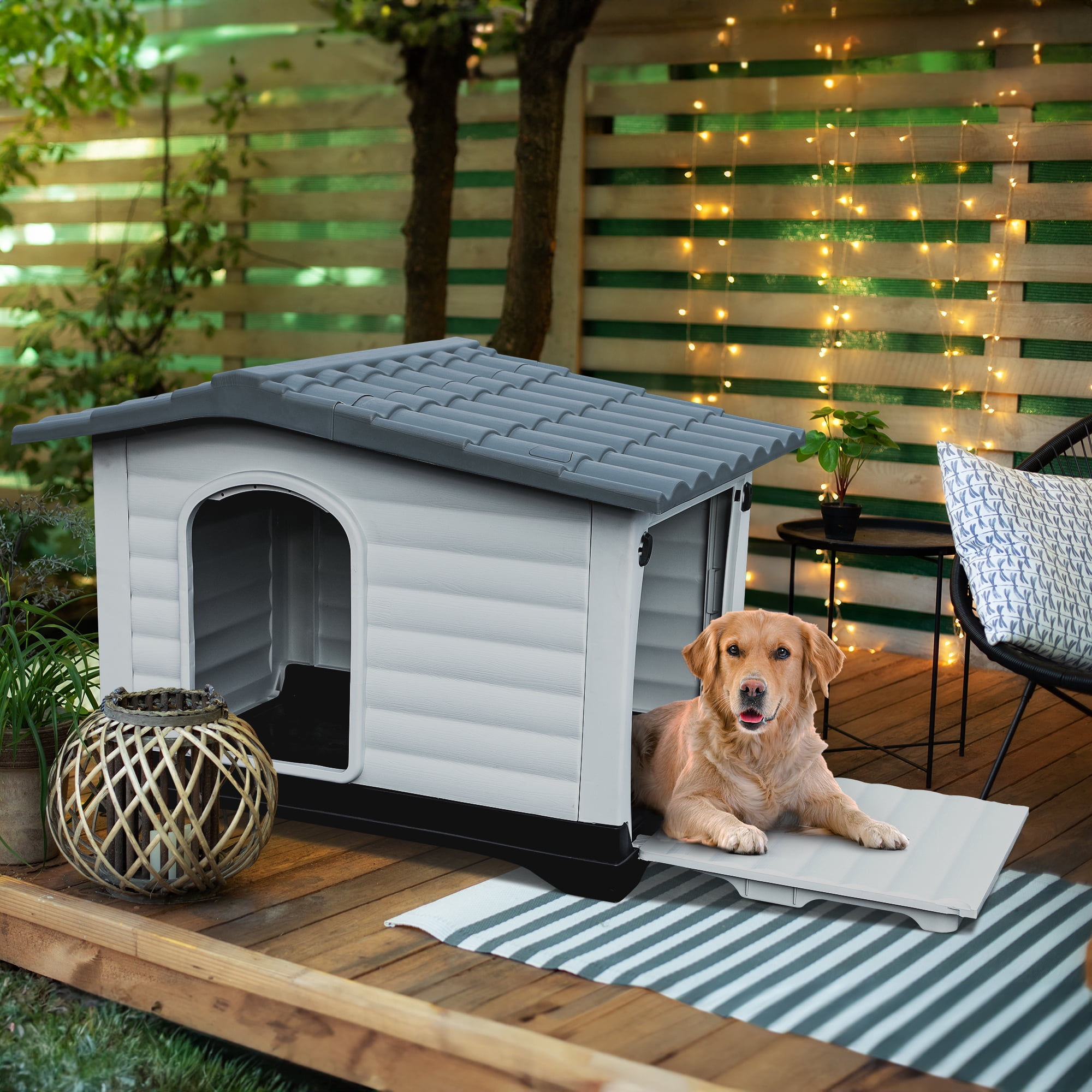 Dextrus Outdoor Large Plastic Dog house with Elevated Base, Water-Resistant 43.7" Large Double Door Dog House with Porch & Cushion Pet House for Small Medium Large Dogs, 43.7''L*33''W*31.6''H