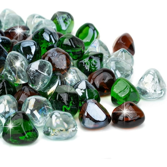 GFDYREE 10 Pounds Blended Fire Glass Diamonds for Fireplace Fire Pit & Lanscaping - 1 inch High Luster Fire Rocks with Mixed Colors (Emerald Green+Crystal Ice+Amber)