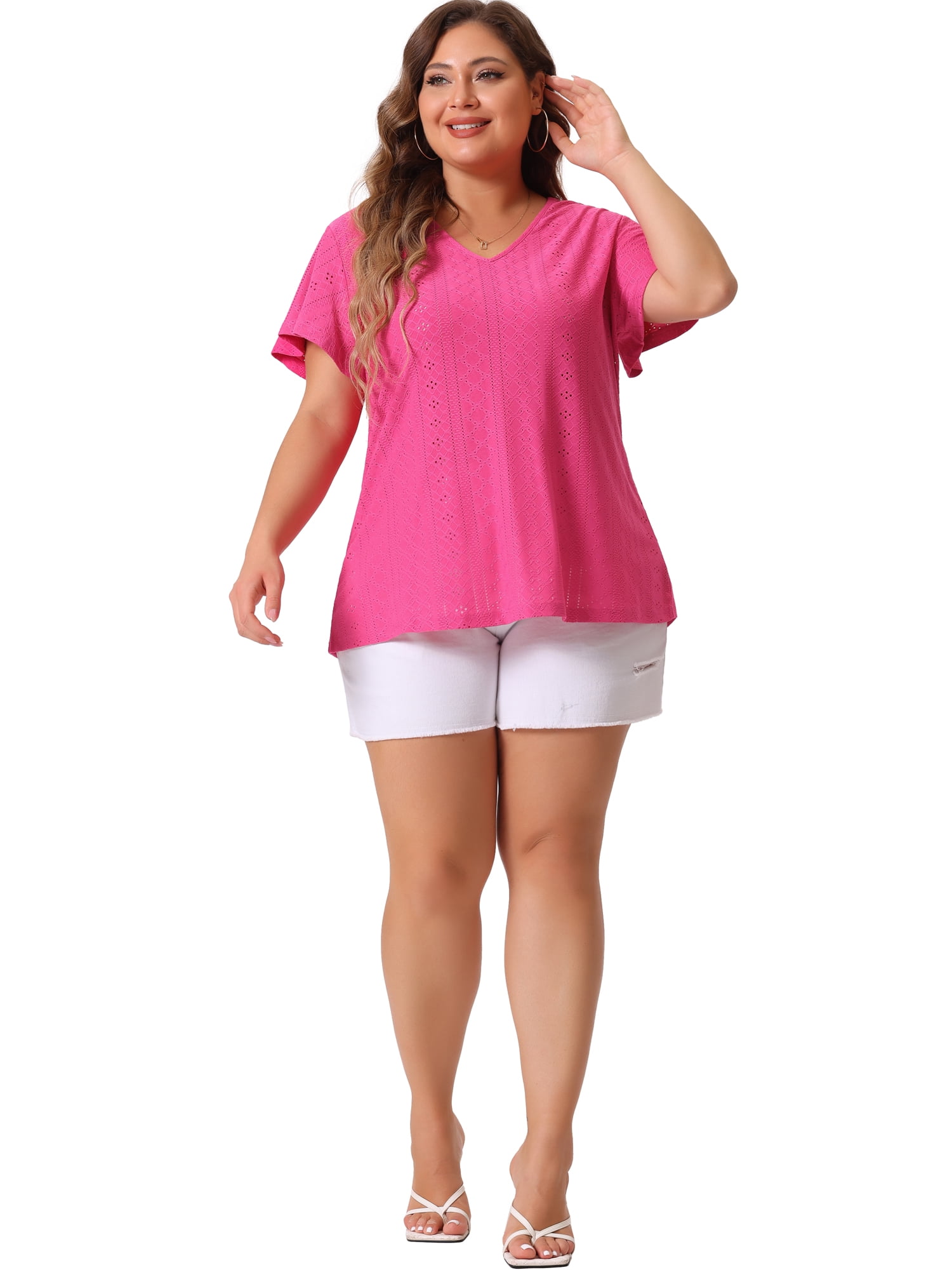 DARING DIVA Women's Plus V Neck Hollow Flare Short Sleeve Top 3X Hot Pink