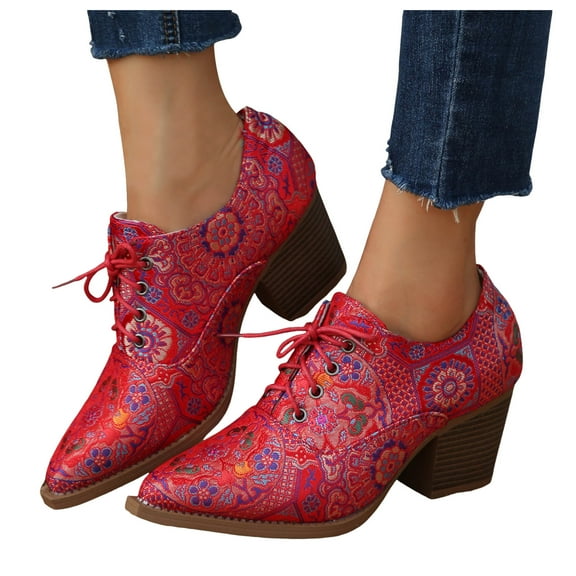 Chenyee Womens Vintage Floral Print Mid Chunky Heel Ankle Boots Lace Up Fashion Pointed Toe Dress Booties