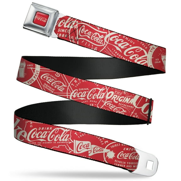 The Coca-Cola Company Belt, Seatbelt Buckle Belt, Vintage Coca Cola Coke Icons and Ad Logos Red White, 30 to 44 Inches