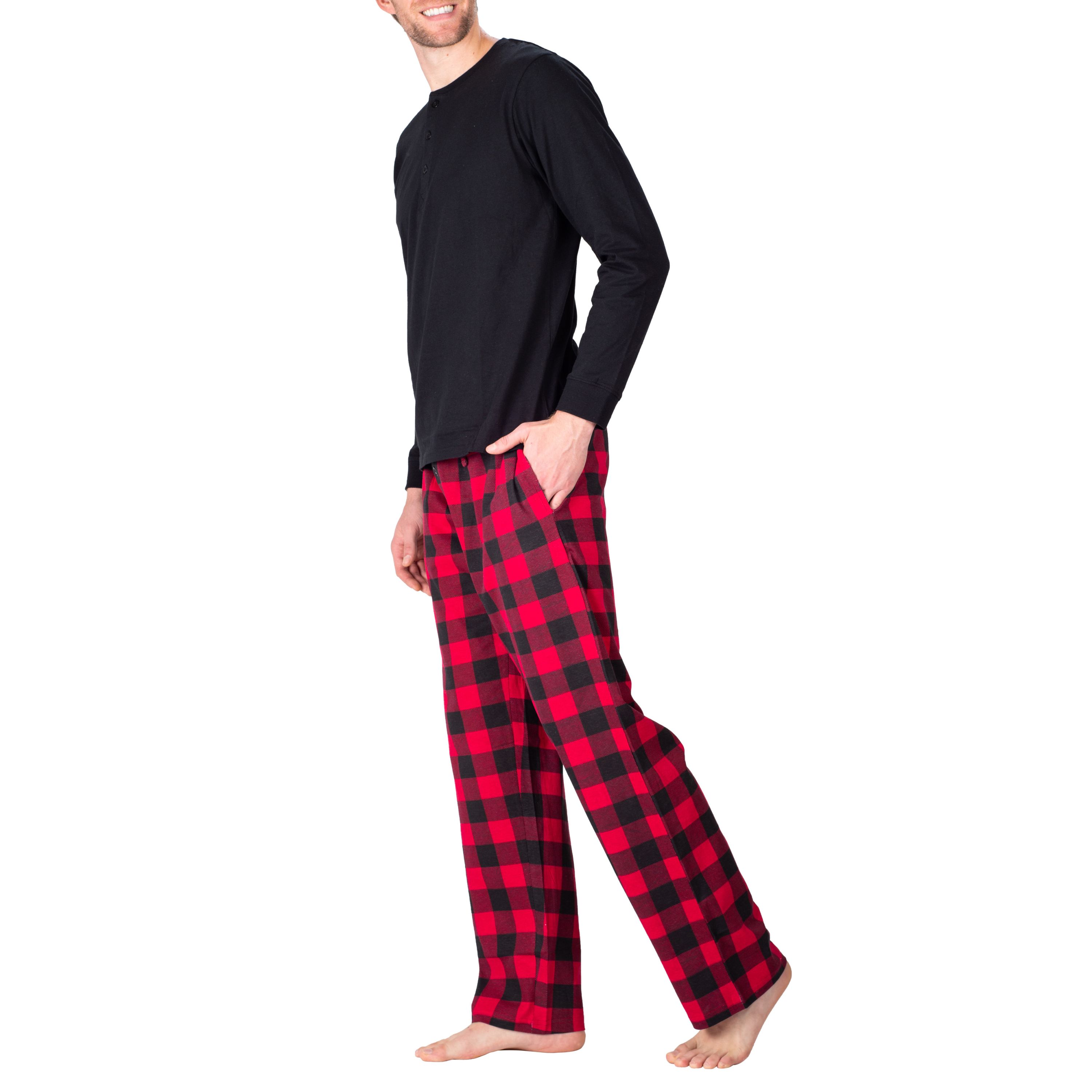 SLEEPHERO Men’s Pajama Set Pajamas For Men 2 Piece PJ Set with Cotton Knit Men Pajama Pants and Long Sleeve Henley T-Shirt Black with Buffalo Check XXX-Large