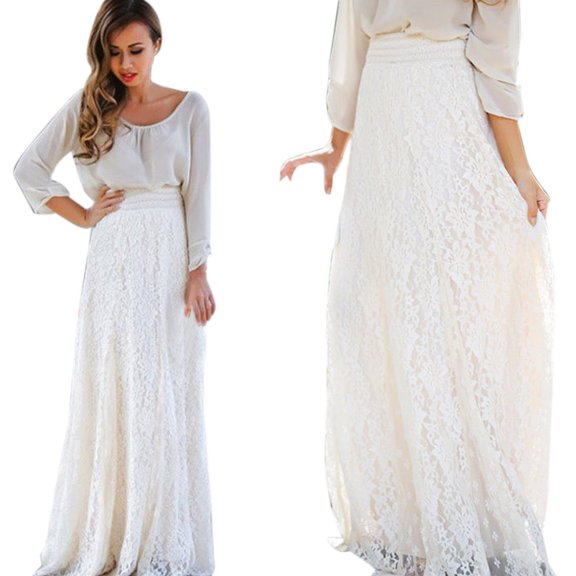FASHOFT Womens Lace Skirt High Waist Lace Splice Bottom Elegant Design Party Daily Fashion Casual Skirt White