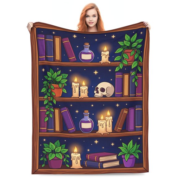 Book Throw Blanket, Bookshelf and Starry Sky Theme, Cozy Flannel Reading Blanket, Book Lovers Gift for Home, Bedroom or Living Room 50x40