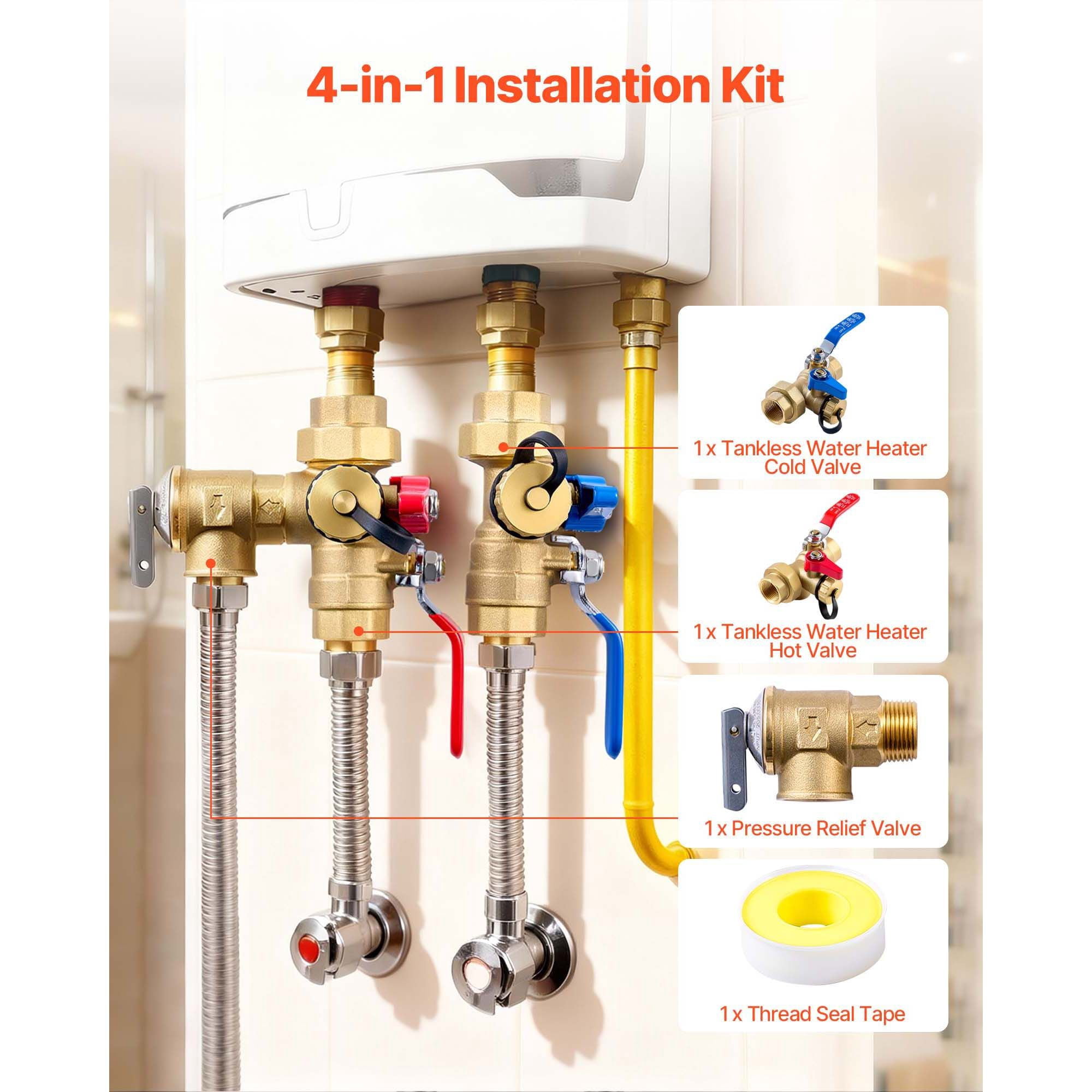 Tankless Water Heater Installation Kit Isolation Service Valve 3/4" Lead-Free Brass SUS304 for Gas Tankless Water Heaters