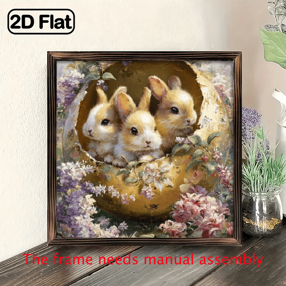 2D Flat Rustic Farmhouse Wooden Wall Decor, 8x8 Inch - Two Rabbits on Egg Frame Sign for Home, Living Room, Kitchen, Bedroom, Office - Ideal Easter Gift and Wall Hanging, Desktop, Sitting