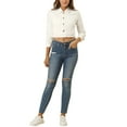 thumbnail image 2 of CHAQUETA DE MEZCLILLA RECORTADA BLANCA CON CUELLO CAÍDO Y ABOTONADO PARA MUJERES INSPIRADA EN CHIC, TALLA XS, 2 of 8