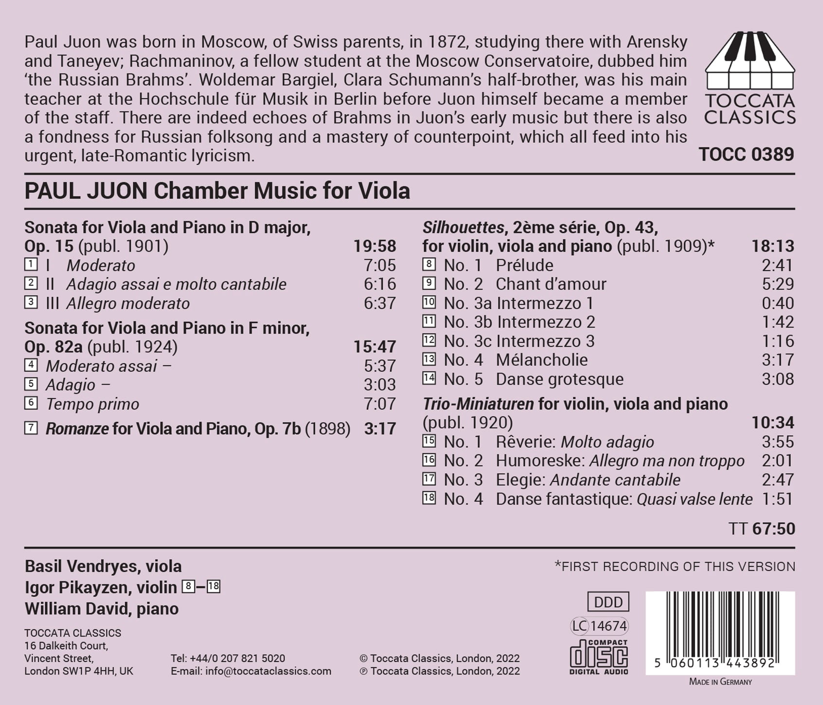 Basil Vendryes - Chamber Music for Viola - Music & Performance - CD