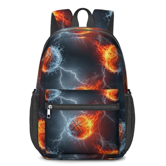 Basketball and Fire Black Pattern 17" School Backpacks for Teens,Waterproof Oxford Fabric,S-Shape Padded Straps for School,Travel,Hiking,Camping