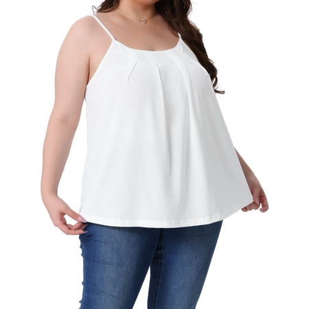 DARING DIVA Women s Plus Summer Crew Neck Tank Tops Pleated Sleeveless Cami 1X White