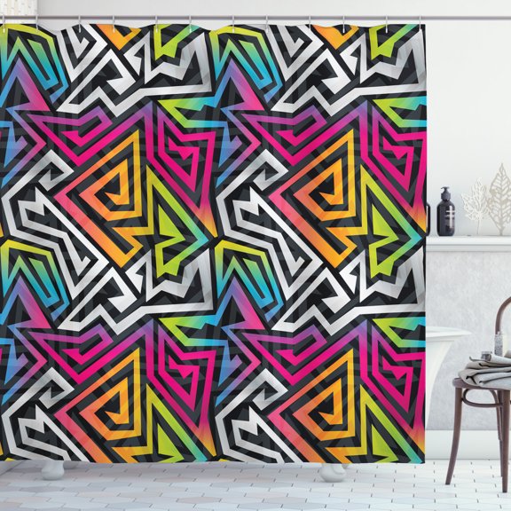 Urban Graffiti Shower Curtain, Rainbow Colored Labyrinth Bold Lines Shaded Colorful Maze Inspired Pattern, Fabric Bathroom Set with Hooks, 69W X 70L Inches, Multicolor, by Ambesonne