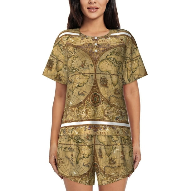 Balery World Map1 Conjunto de Pijama para Mujer con Estampado, Dos Piezas de Manga Corta y Shorts, Ropa de Dormir Suave con Cuello Redondo y Bolsillos-Large