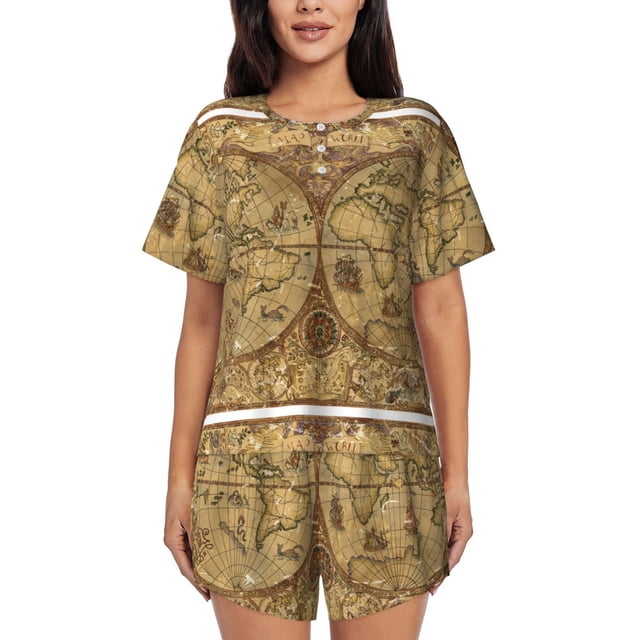 Balery World Map1 Conjunto de Pijama para Mujer con Estampado, Dos Piezas de Manga Corta y Shorts, Ropa de Dormir Suave con Cuello Redondo y Bolsillos-3X-Large