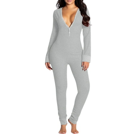 

YiLvUst Women s Butt Button Back Flap Jumpsuit V Neck Long Sleeve Romper Bodycon Pajamas Onesies