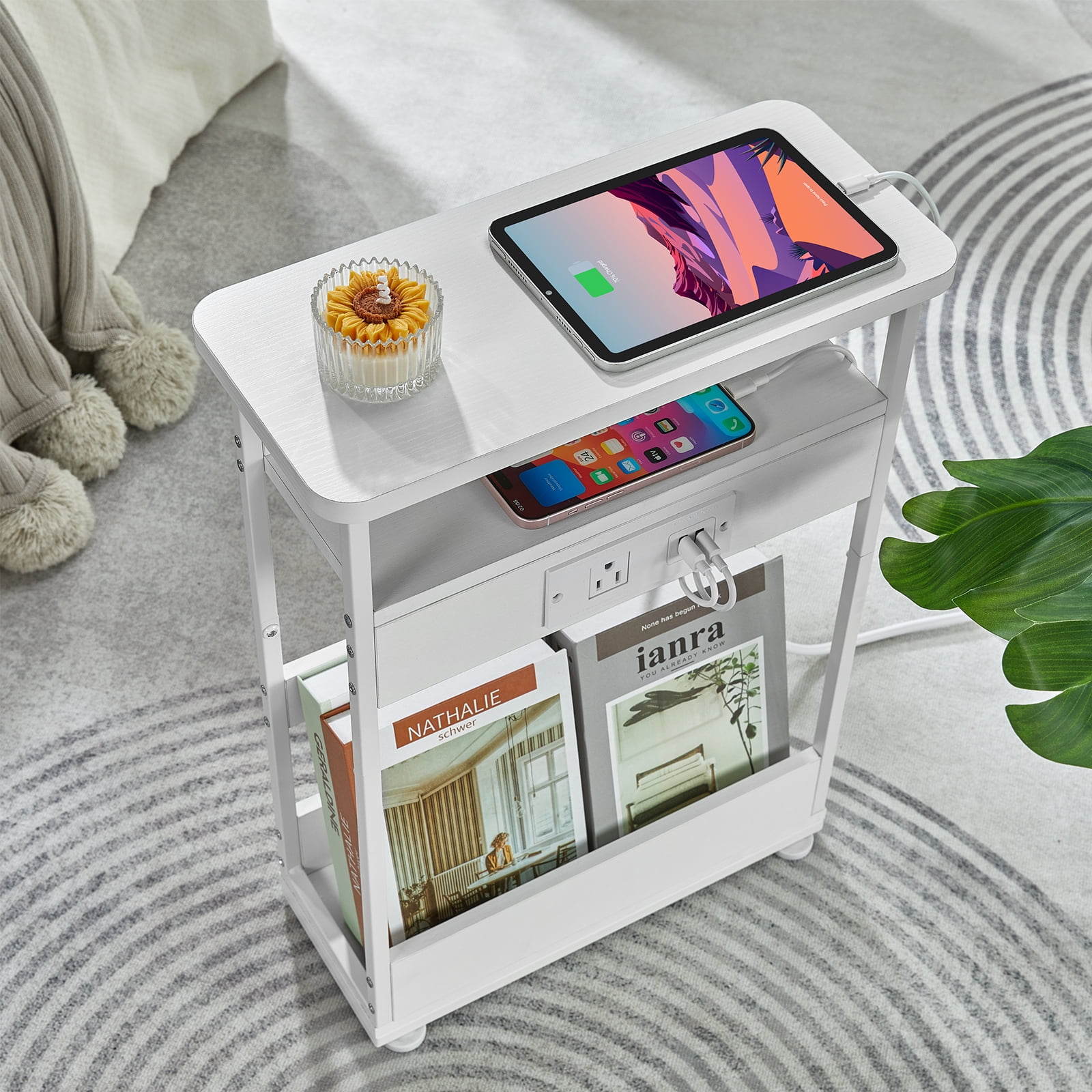 ZEXVIDA Narrow Side Table with Charging Station, 3 Tier Slim End Table with Storage Shelf for Small Spaces, 21.6 Inch Height Thin Tables Small Nightstand Magazine Rack for Living Room, White