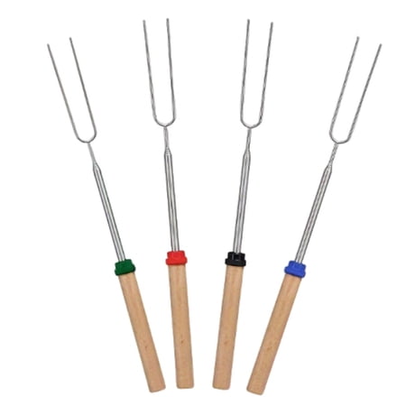 4-Piece Extendable Roasting Forks BBQ Smores Sticks with Wooden Handle for Camping & Backyard 12-32 Inch Stainless Steel Forks for Sausages Hot Dog Camping Essentials
