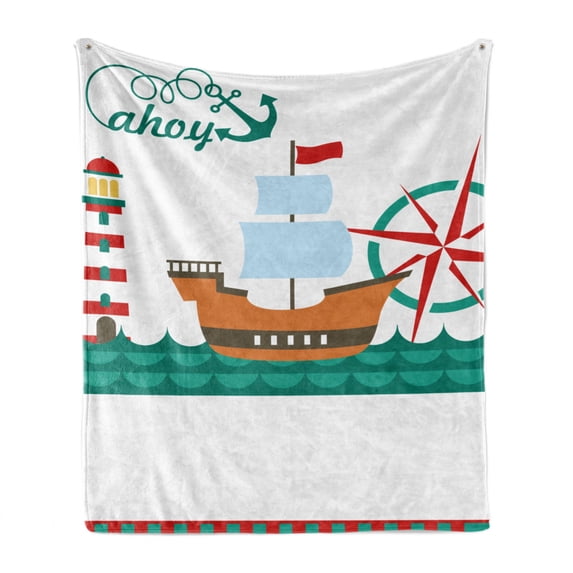 Ahoy Its a Boy Soft Flannel Fleece Throw Blanket, Sail Boat on Sea Waves Lighthouse and Compass Anchor Celebration, Cozy Plush for Indoor and Outdoor Use, 50" x 70", Teal Brown Red, by Ambesonne