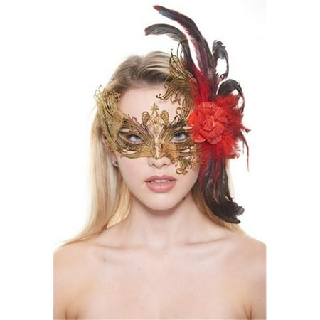 Majestic Gold Swan Laser Cut Masquerade Mask with Feathers & Red Flower Arrangement - One Size