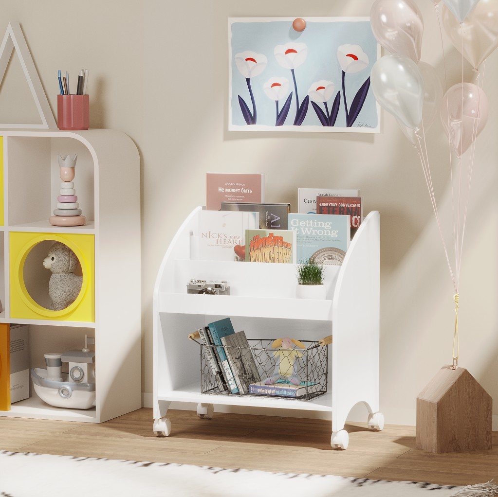 Kids Bookshelf with Wheels, 3-Tier Front-Facing Bookcase, Rolling Book Organizer with 360° Lockable Casters, MDF Storage Shelf for Nursery, Bedroom & Playroom
