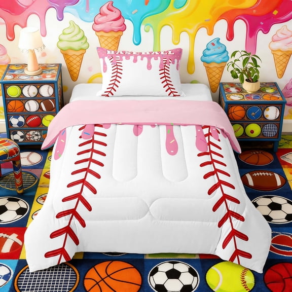 Erosebridal Pink Drippy Baseball Print Twin Comforter Sets, Sports Monogram Bedding Set for Kids Boys and Girls, Pink Reversible 2 Pieces, 1 Comforter and 1 Pillowcase